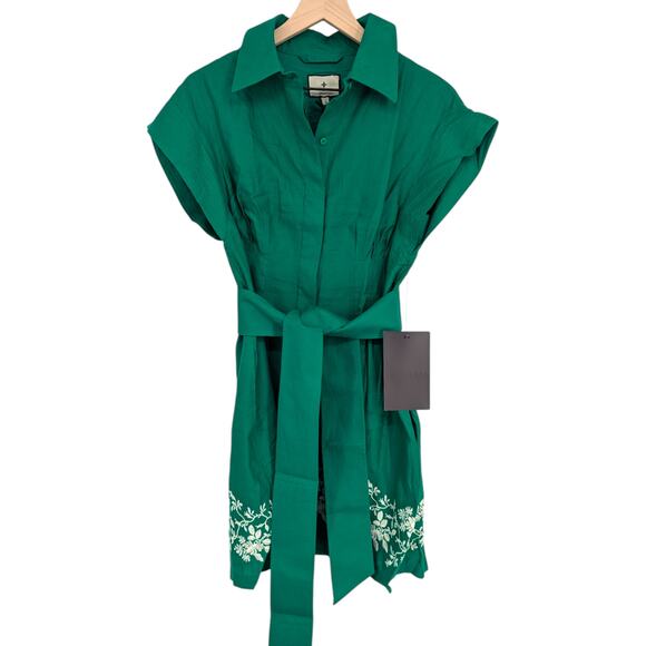 Tuckernuck Green Linen Blend Belted Shirt Dress Embroidered Hem NWT S - Picture 3 of 7